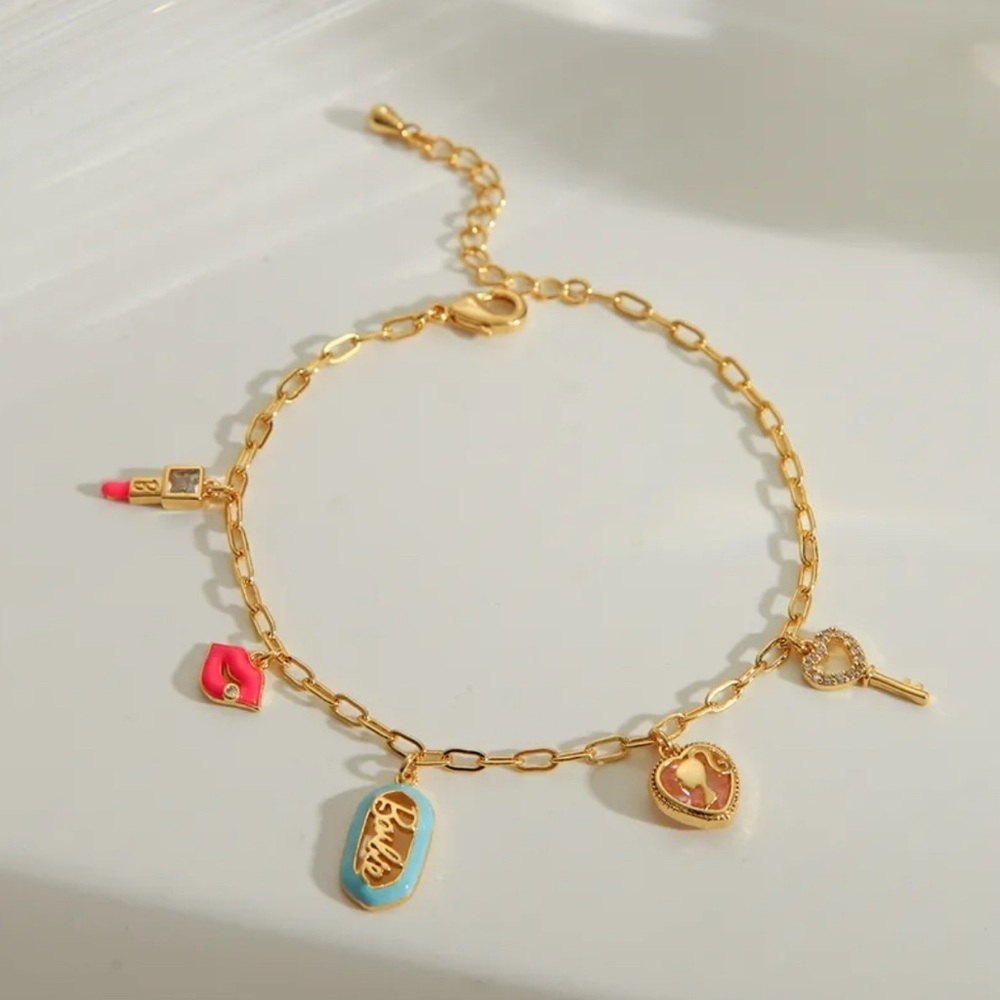 14K Gold Barbie Theme Charm Bracelet Paper Clip Chain (Barbie Oval Charm)